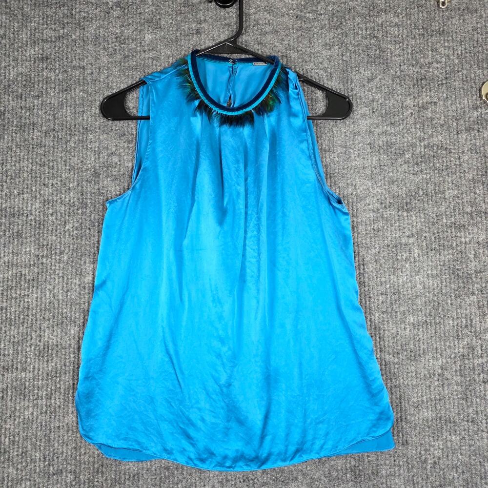 Elie‎ Tahari Sleeveless Blouse Medium Blue Silk Blend Feather Trim Neck